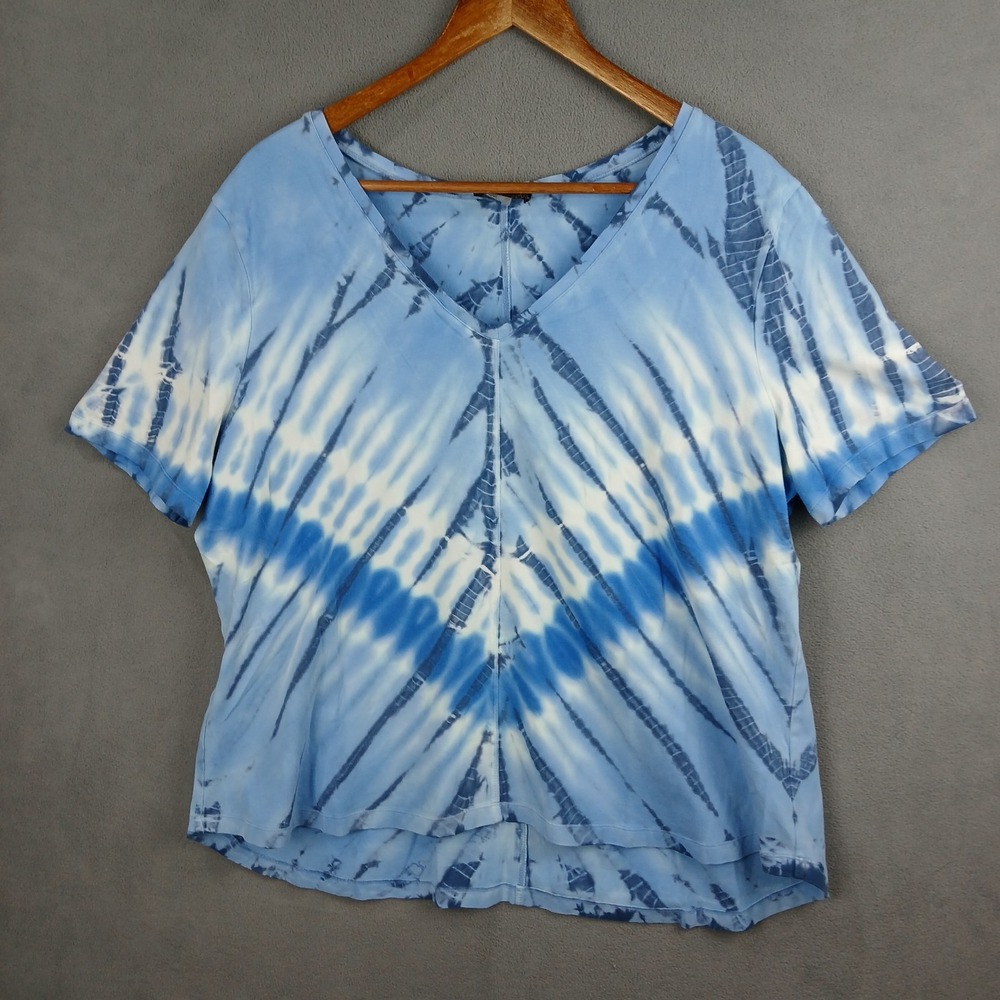 Renuar Blouse Top Womens 2XL Blue Tie‎ Dye Viscose V Neck Casual Everyday Wear